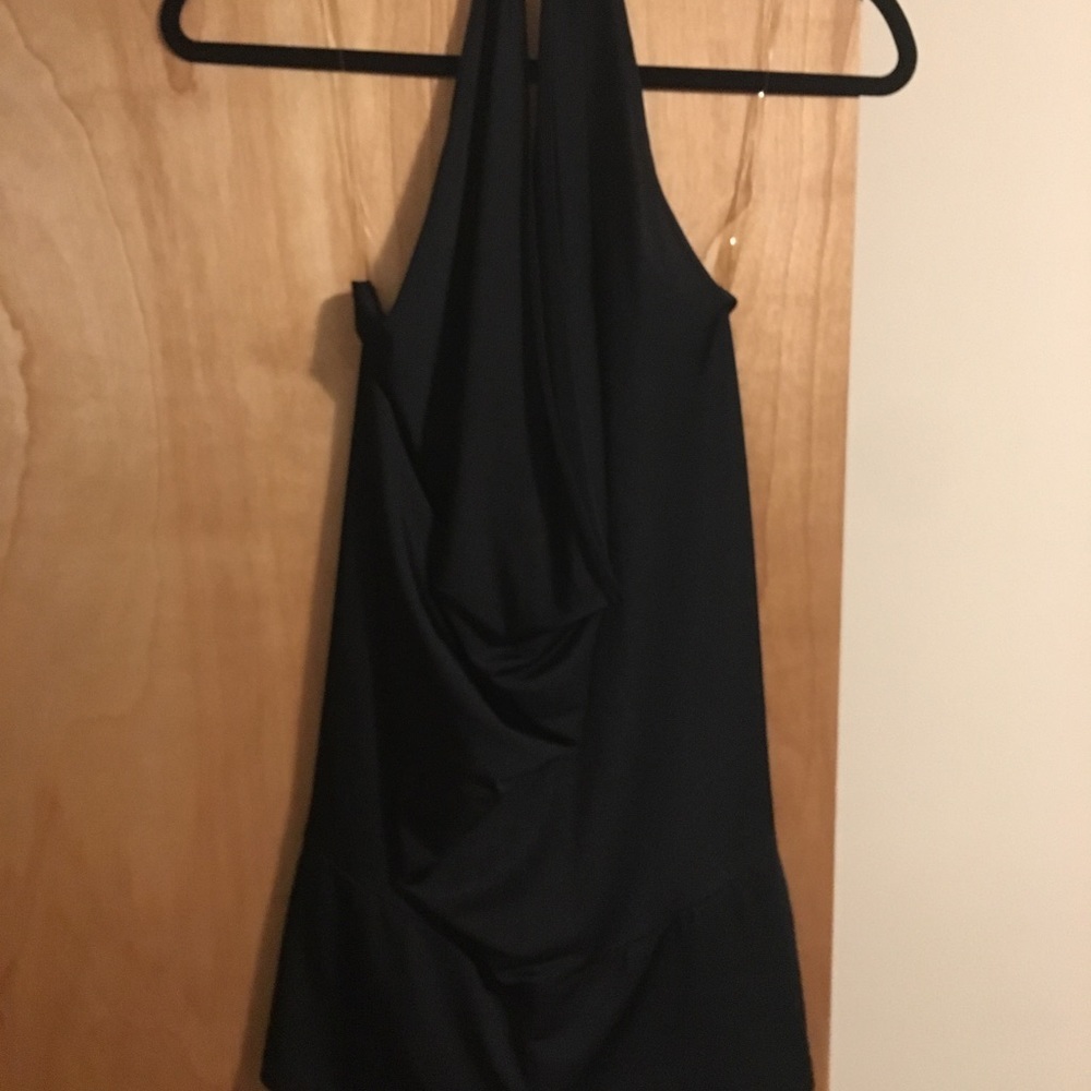 Black open back cowl neck romper.  Medium